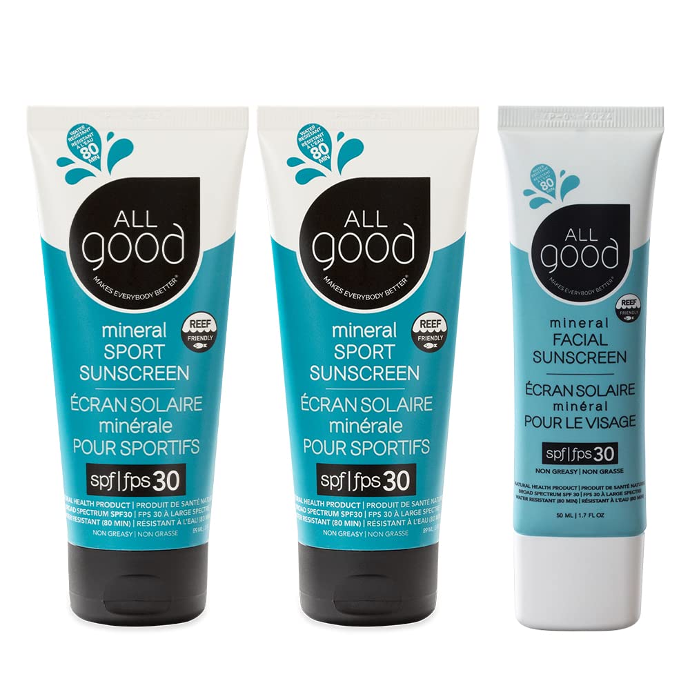 All Good Sport Mineral Sunscreen & Facial Sunscreen Bundle - UVA/UVB Broad Spectrum SPF 30+ - Includes (2) SPF 30 Sport Sunscree