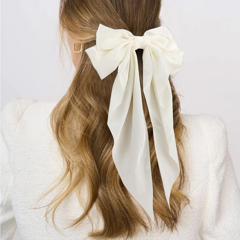 Atoden Oversized Hair Barrettes: Silky Satin Bowknot Clips, Long Tail Ribbons For Women - Black, White, Beige (6Pcs)