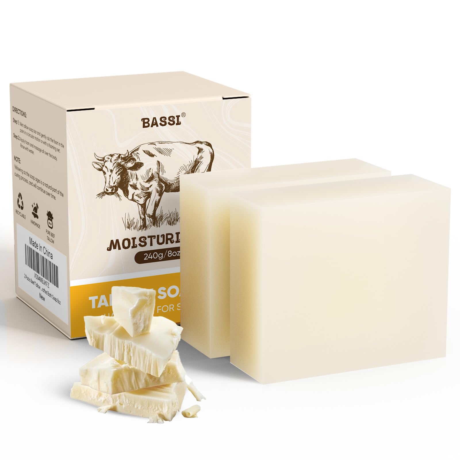 Beef Tallow Soap Bar, 2 Pack All Natural Grass Fed Tallow Soap, Moisturizing Face & Body Wash, Handcrafted Bath Soap Great for D