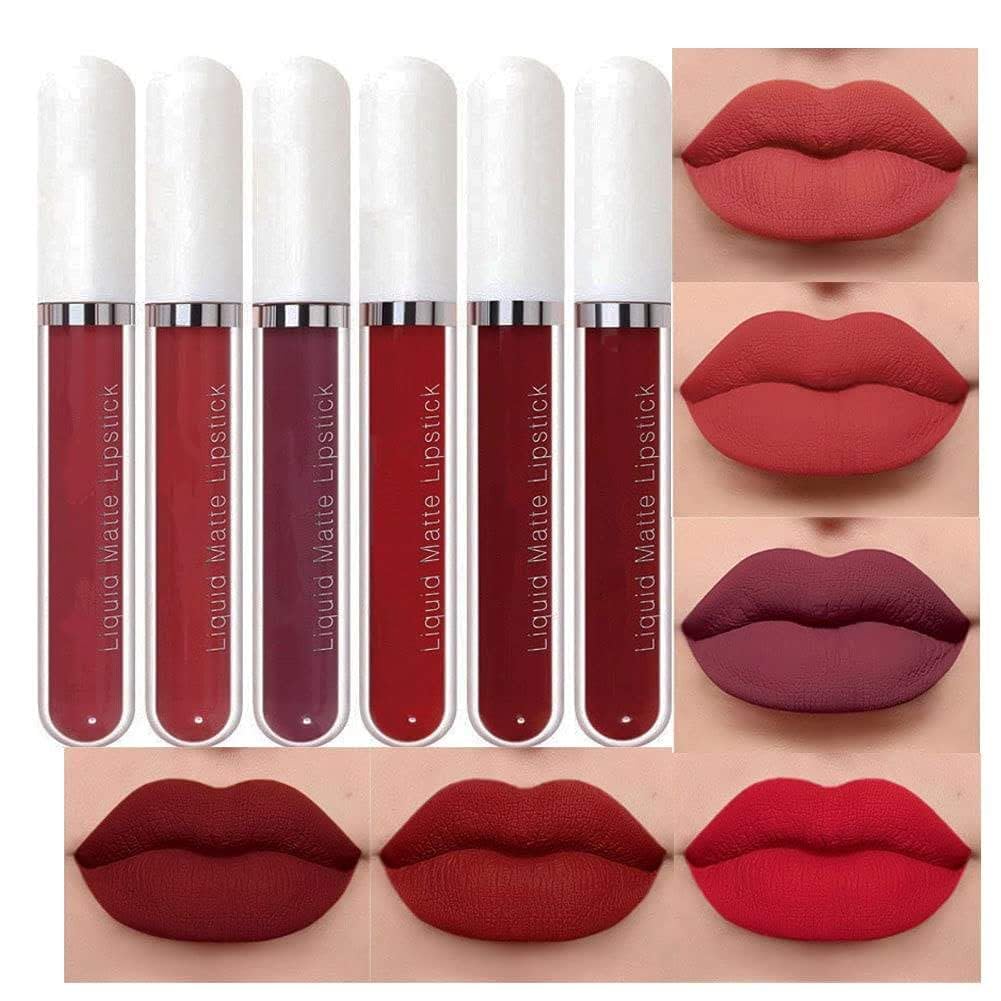 Evpct Cmaadu 6Pcs Lipstick Matte Liquid Lipstick Lipgloss Set For Women, Dark Deep Bright Ruby Sexy Brick Red Mauve Labiales Mat