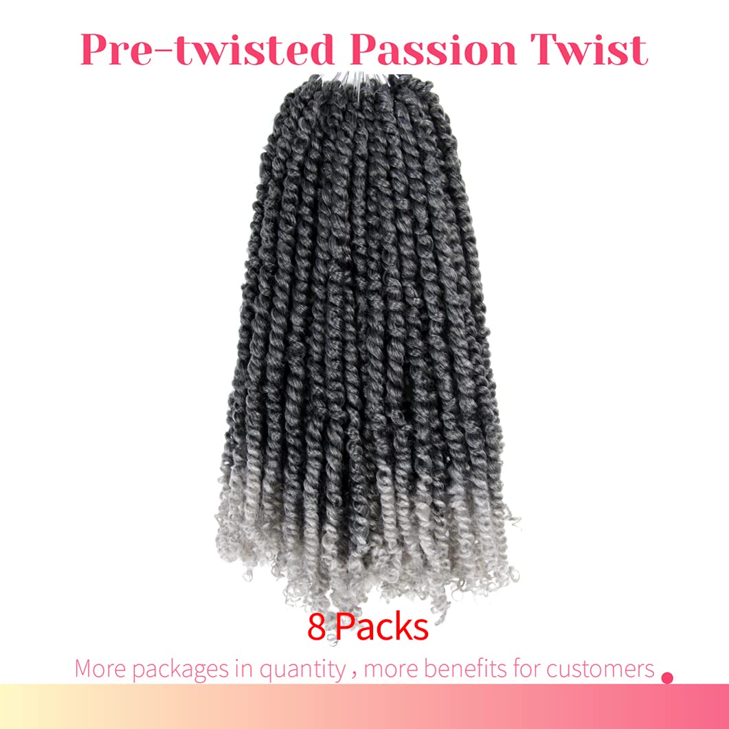 The Bohobabe Pre-Twisted Passion Twist Crochet Hair 16 Inch Short Pre-Looped Crochet Passion Twist Braiding Hair 8 Packs (T1B/Gr