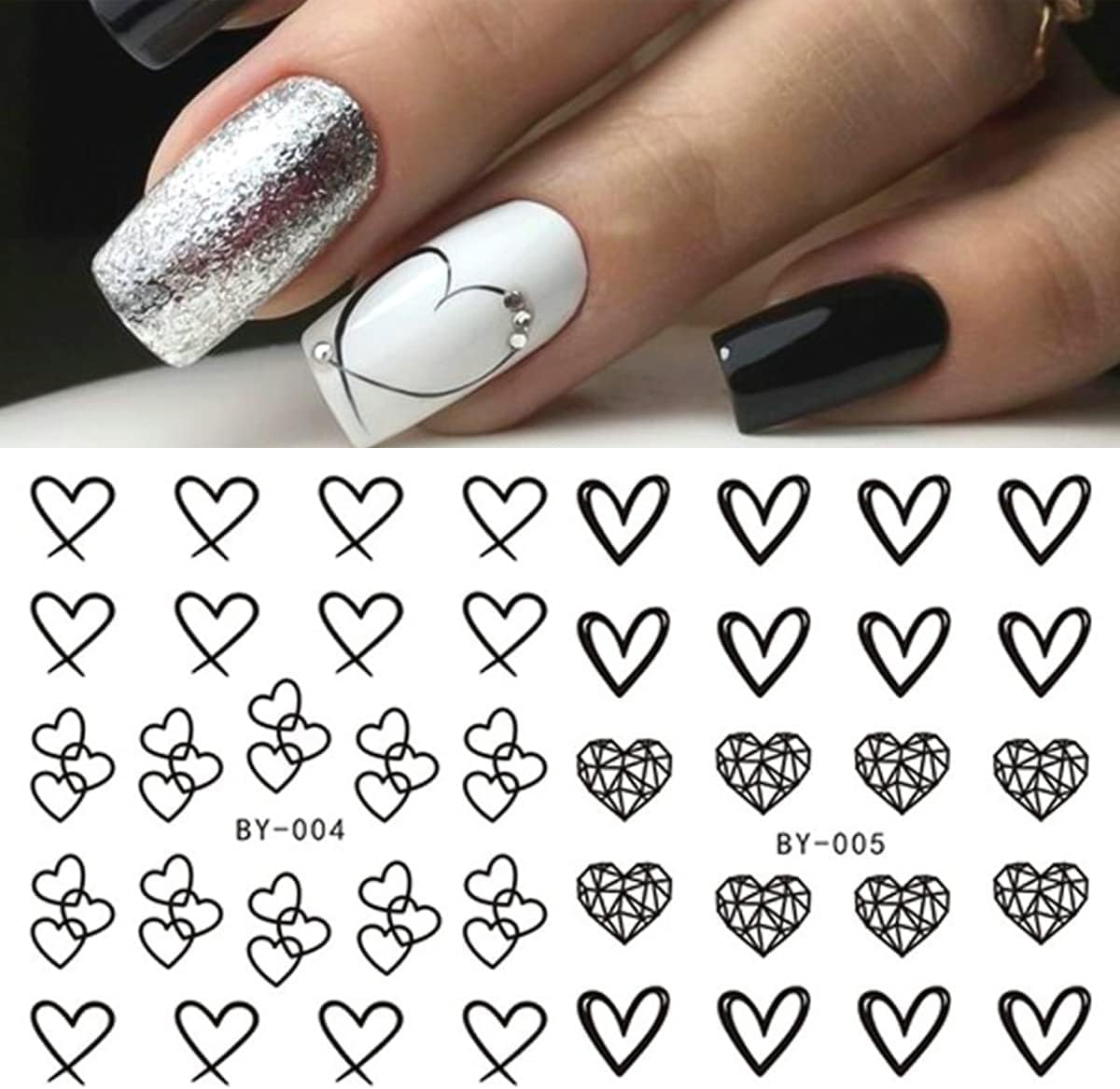 Valentine'S Day Nail Art Stickers Black White Heart Water Transfer Nail Decals Flowers Cupid Hollow Heart Romantic Design Nail A