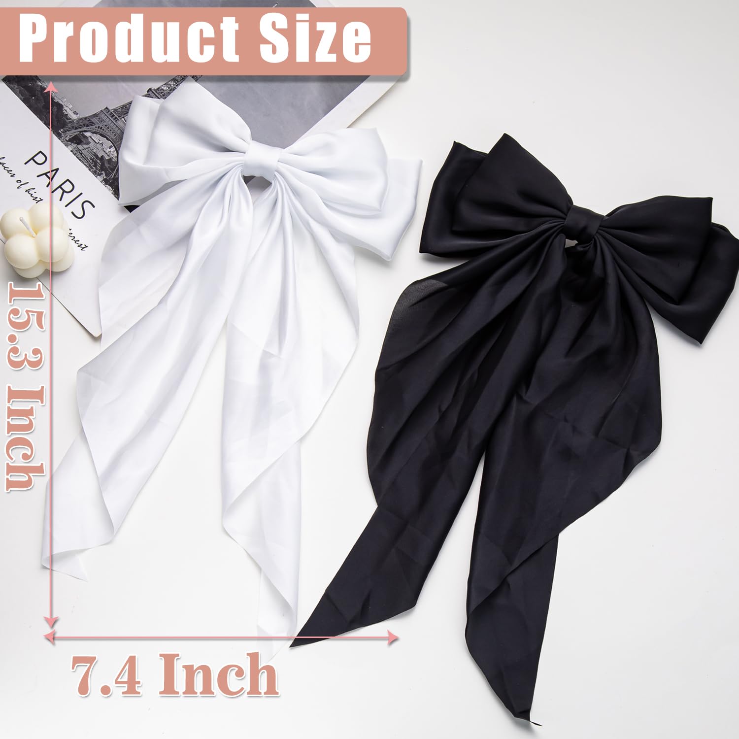 Hair Bows 2 Pcs Ribbon Bow For Women And Girls, Oversized Long-Tail Cute Aesthetic Hair Accessories, Large Hair Barrettes (Black