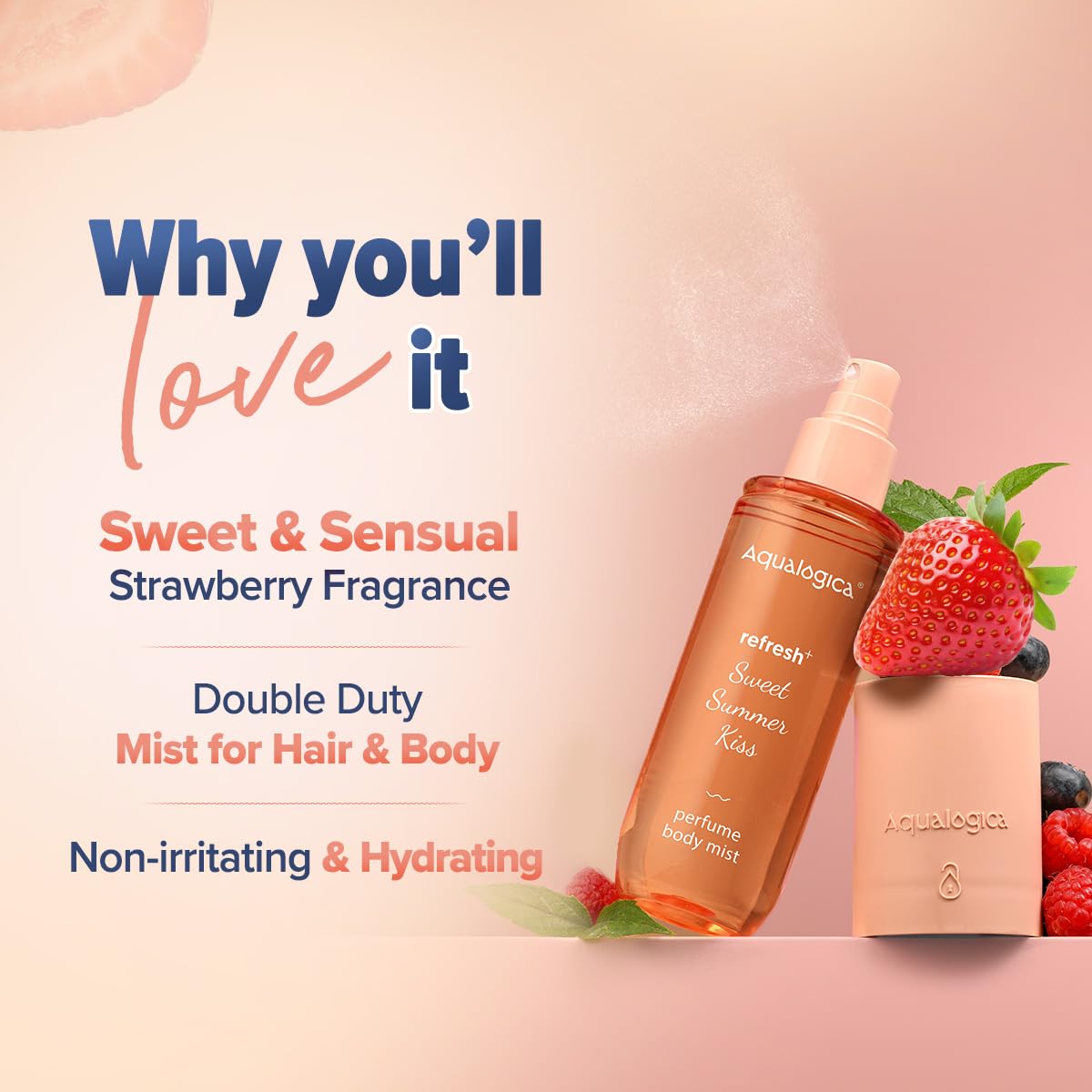 Aqualogica Sweet Summer Kiss Perfume Body Mist | 2-in-1 Spray for Hair & Body | Hydrates with Zemea & Hyaluronic Acid | Sweet &