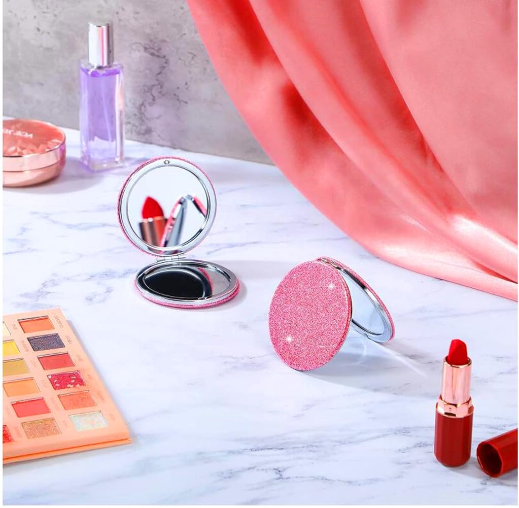 Mpowtech Cute Pink Compact Mirror For Women,Small Magnifying Travel Mirror With Glitter,Portable 2 X 1X Magnification Folding Po