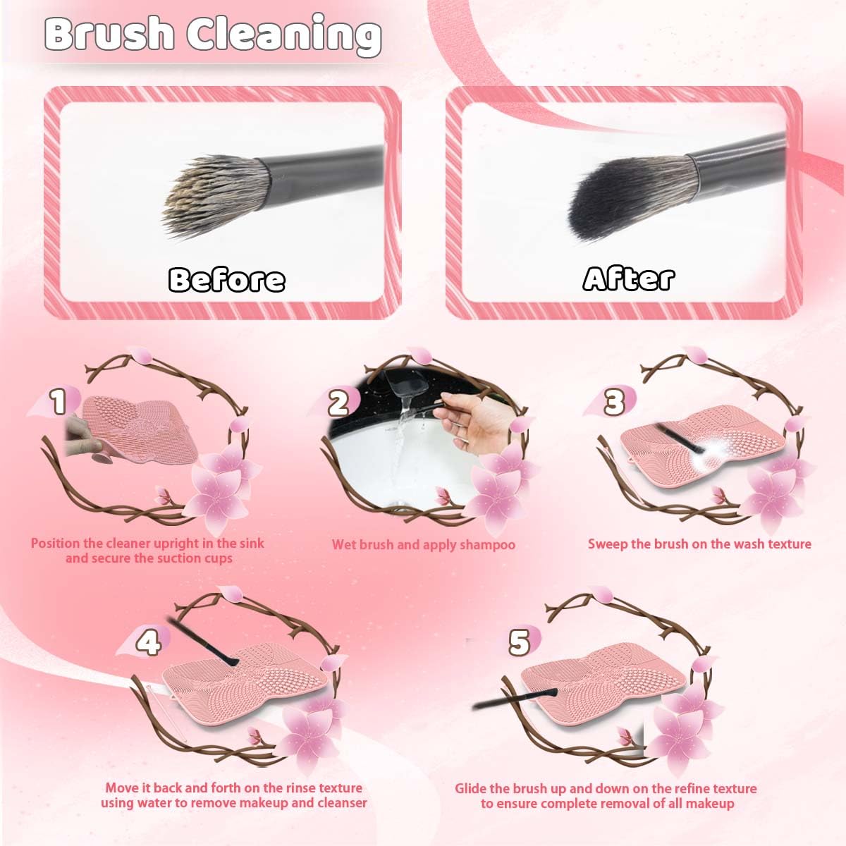 YalsFTY Silicone Makeup Brush Cleaner Pad with Suction Cup, 8 Textures, Stable, Makeup Brush Cleaning Mat (Pink)