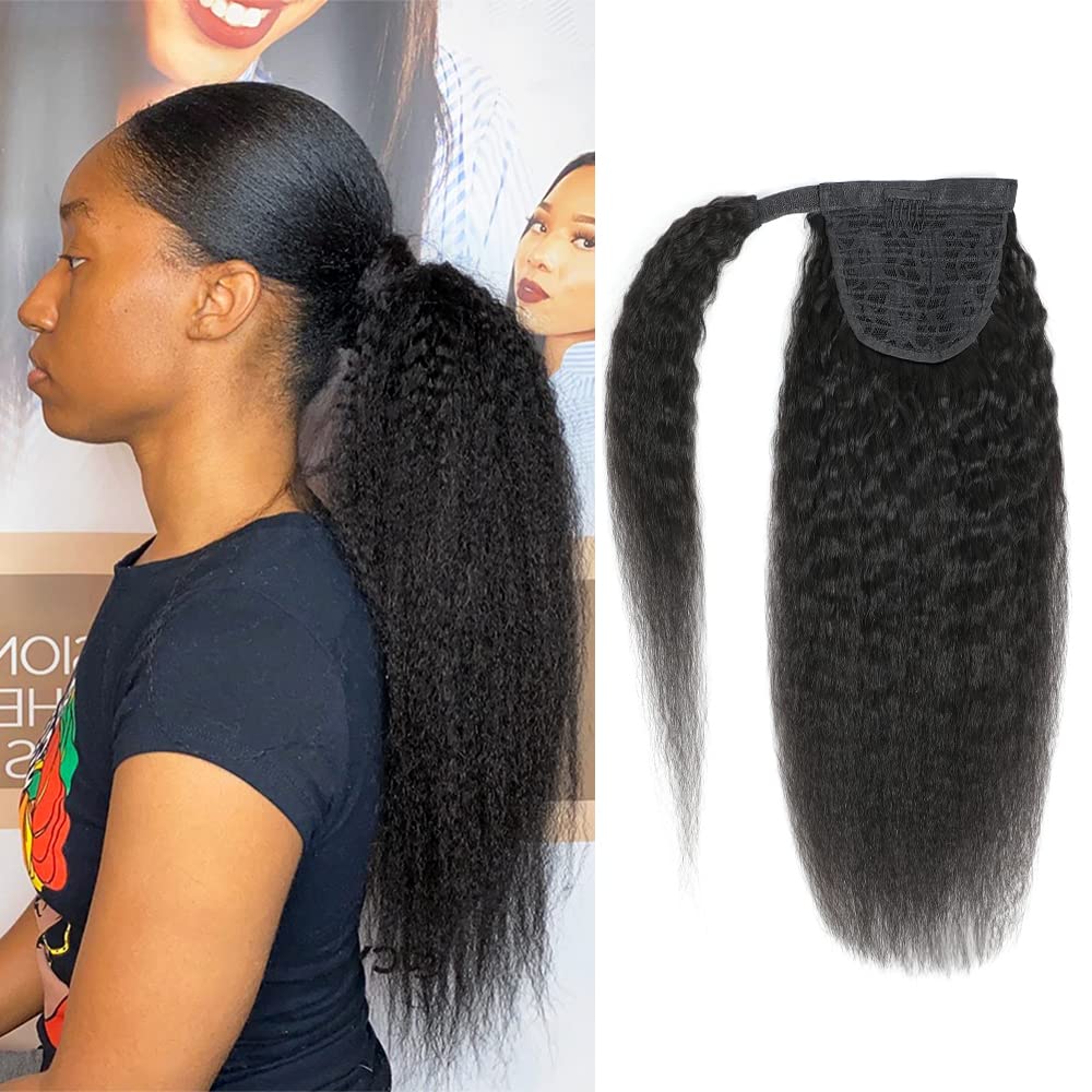 Adette 20 Inches 100% Human Hair Yaki Kinky Straight Ponytail Natural Black Color Wrap Around Ponytail Hair Extensions Magic Pas