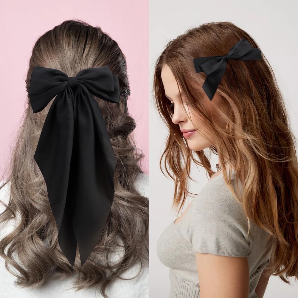 Atoden Black Hair Accessories: 4 Pcs Silky Satin Oversized Bowknot Ribbons With Long Tails And Alligator Metal Clips - Cute Gift