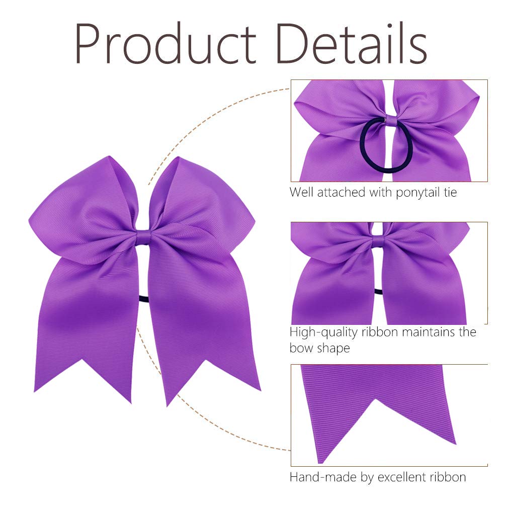 16Pcs 8 Large Cheer Hair Bows Ponytail Holder Elastic Band Handmade For Cheerleading Teen Girls College Sports (16 Pcs) (Purple)