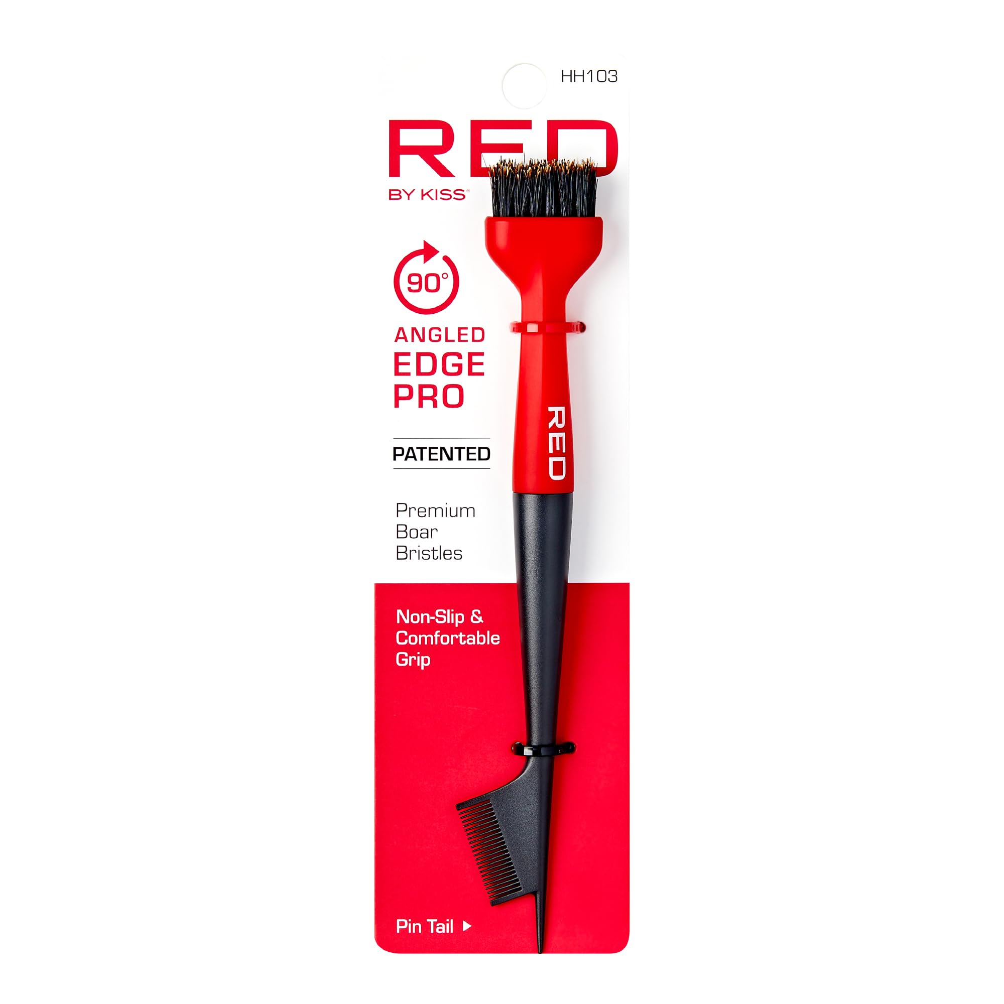 RED by Kiss Edge Hair Brush - Angled Premium 100% Boar Bristles for Smooth Styling & Edge Control, Red Color