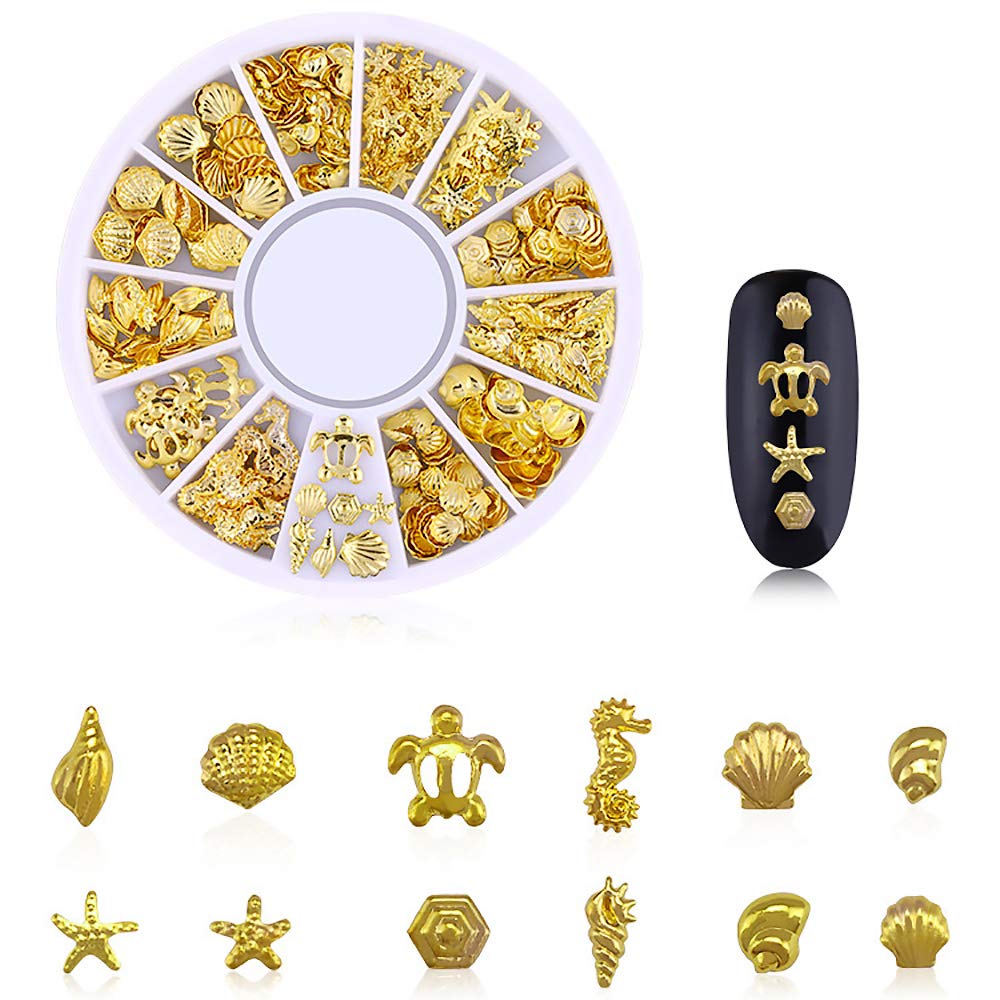 Wokoto 6 Boxes Gold Hollow Nail Metal Studs Modern Cross Geometry Nail Art Charm 3D Nail Jewelry Decoration With 1Pc Tweezers An