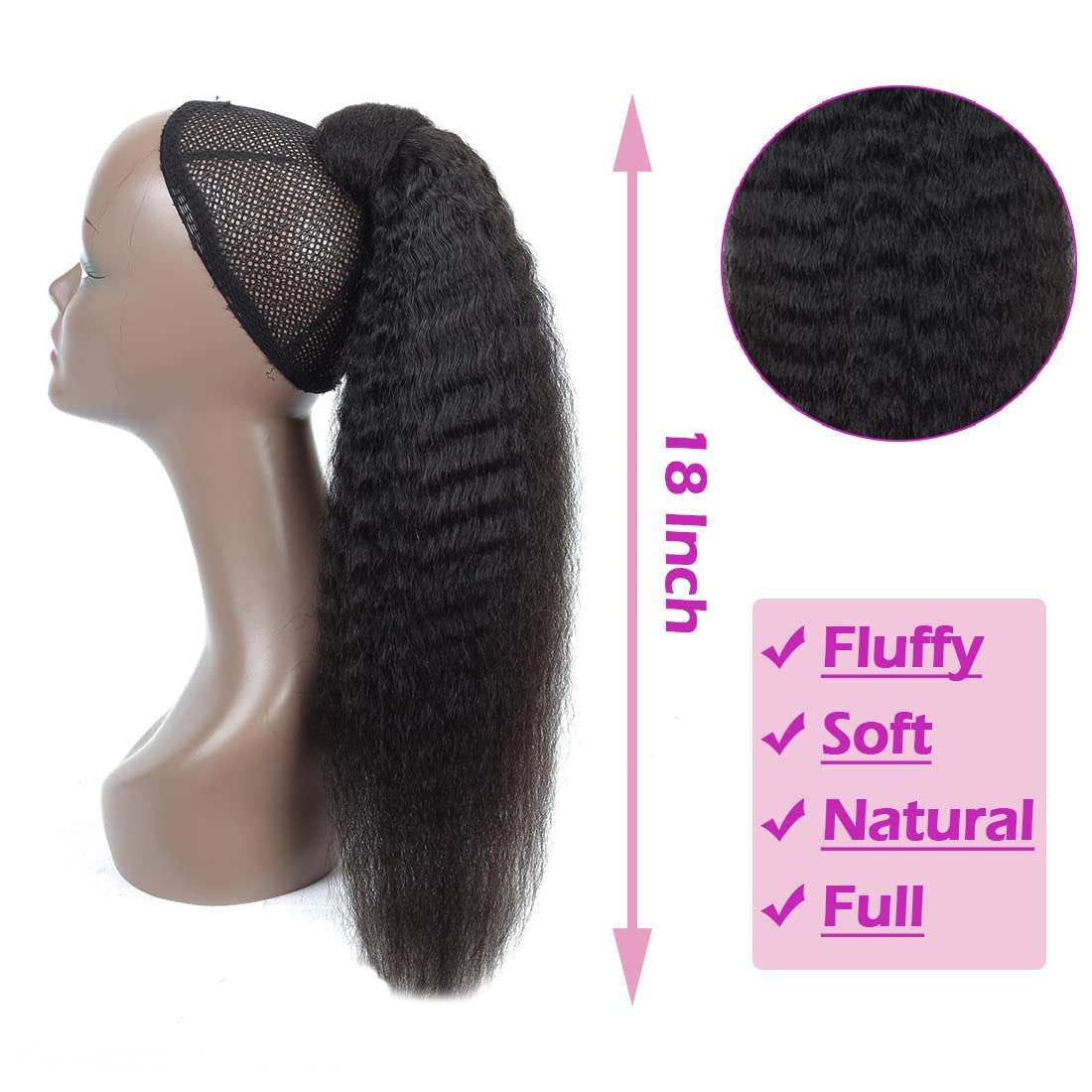 Kinky Straight Ponytail Human Hair With Wrap Around Magic Tape, Brazilian Hair Clip In Extensions Wavy Yaki Pony Natrual Black (