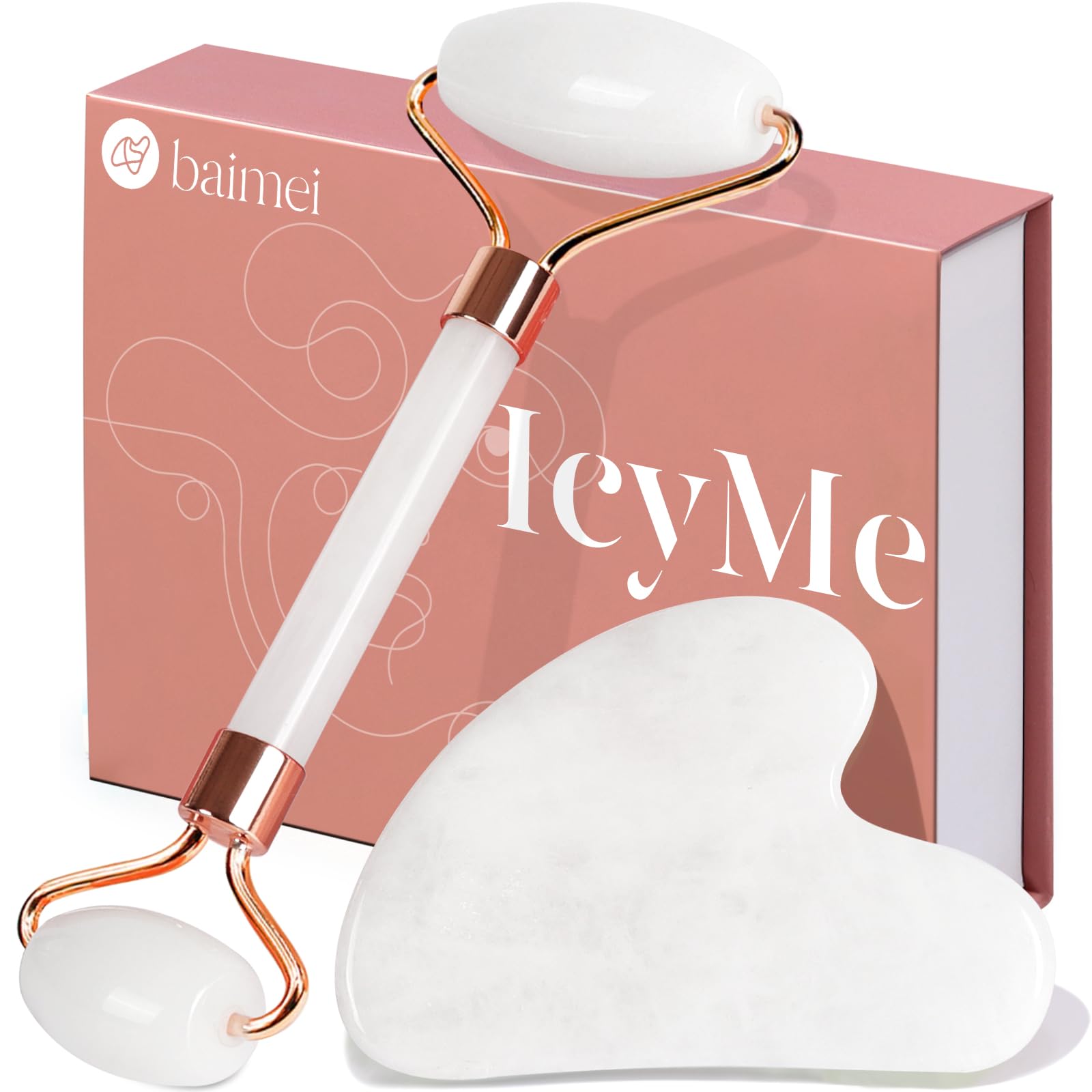 BAIMEI Jade Roller & Gua Sha Set Face Roller and Gua Sha Facial Tools for Skin Care Routine and Puffiness, Self Care Gift for Me