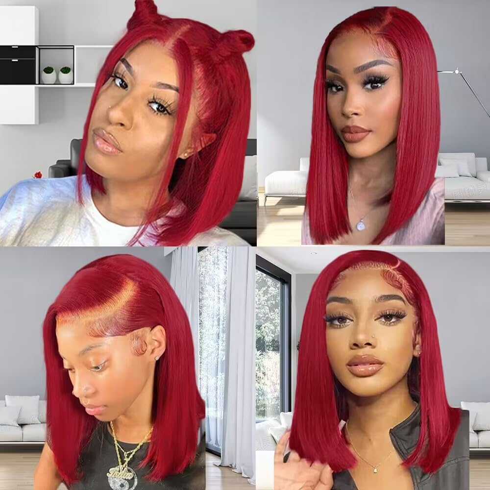 HD Transparent Glueless Pre Plucked 13X4 Straight Dark Red Burgundy Bob Wig Human Hair Lace Front Wigs With Baby Hair 100% Unpro
