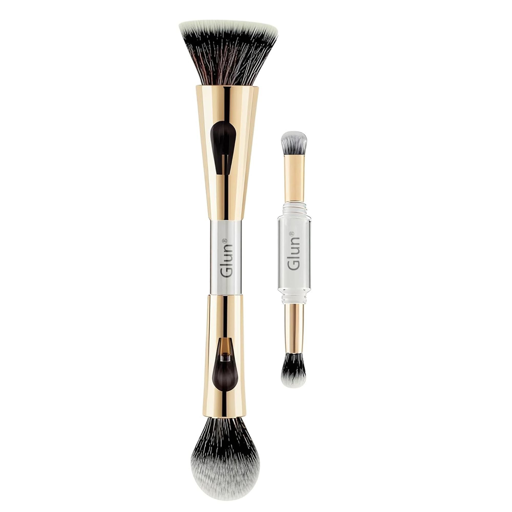 Glun 4In1 Makeup Brush Set, (2 Mini & 2 Big) DualEnded Soft Bristle Beauty Brushes Golden Chrome Finish With Elegant Flawless F