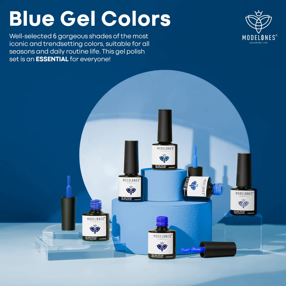 Modelones Blue Gel Nail Polish Set, 6 Blue Color Changing Gel Polish Dark Blue Glitter Nail Polish Gel Kit Soak Off Navy Blue Le