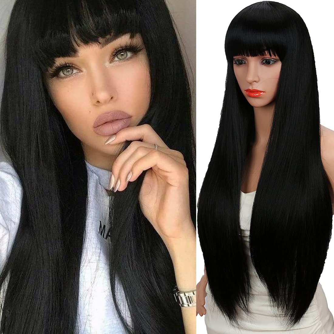 Kalyss 28 Inches Women'S Silky Long Straight Black Wig Heat Resistant Synthetic Wig With Bangs Hair Wig For Women