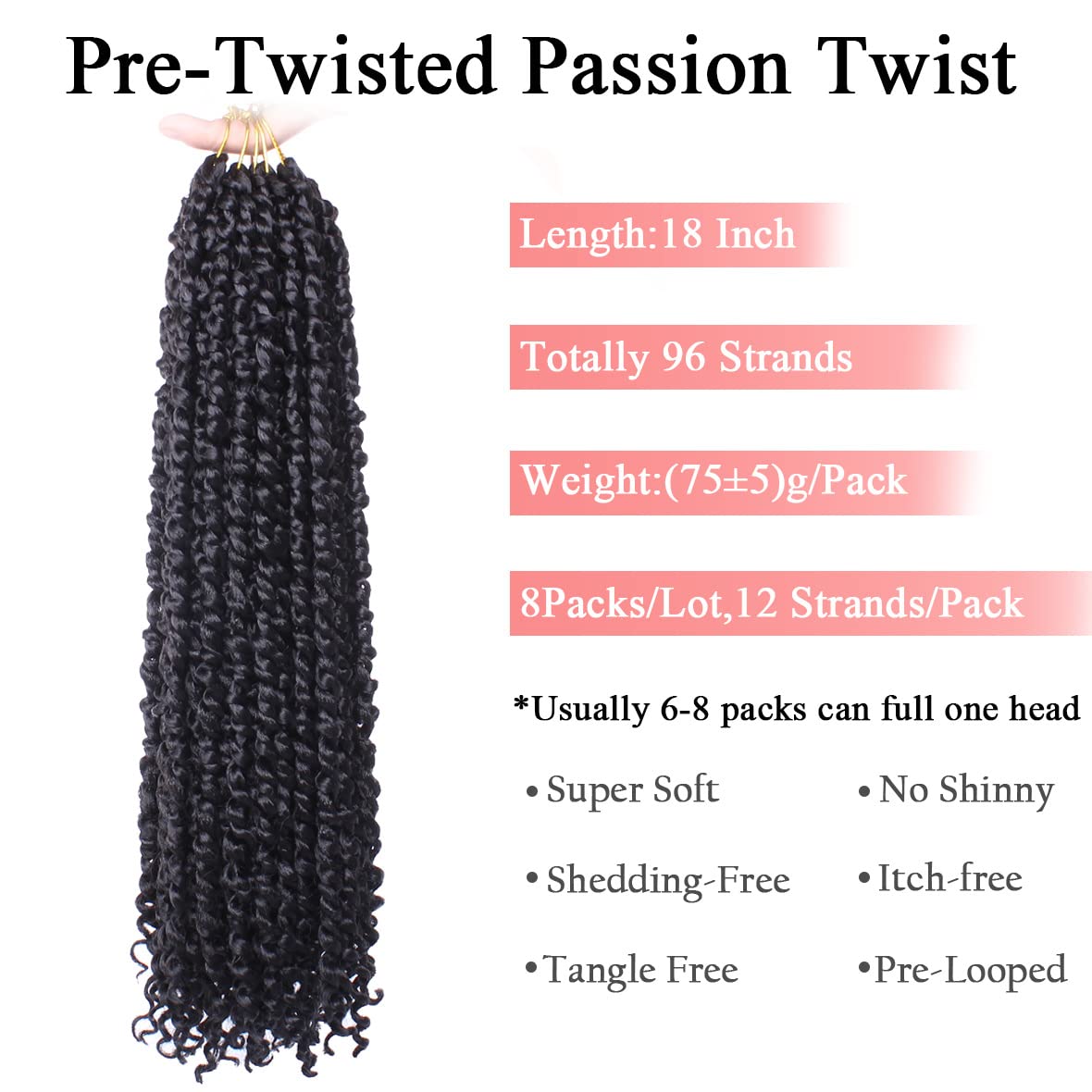 Leeven 8 Packs Pre-Looped Goddess Passion Twist Braiding Hair With Curly Ends Natural Black 18 Inch Long Bohemian Pre-Twisted Pa