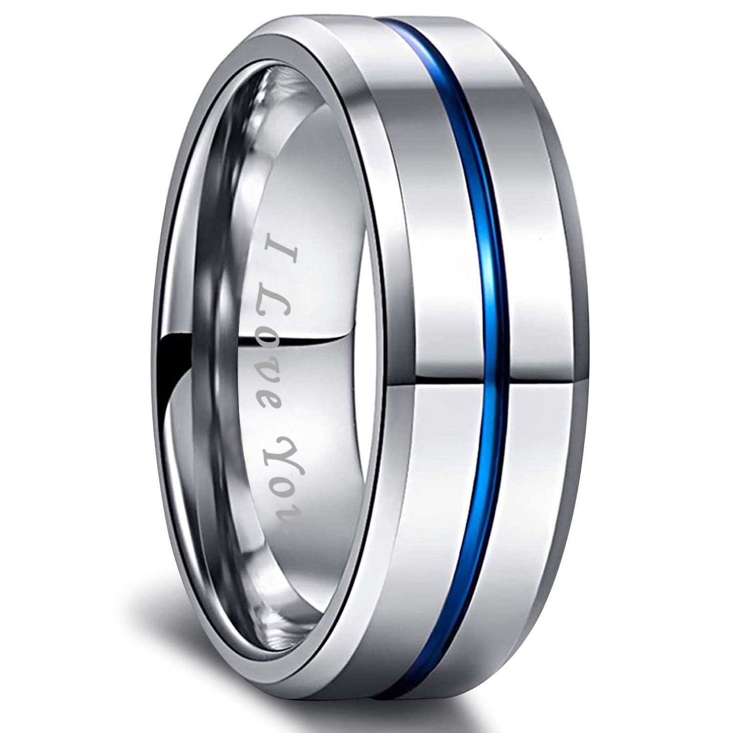 Greenpod 8MM Tungsten Carbide Rings Silver Blue High Polished Beveled Edge Wedding Band for Men Women Engraved I Love You Size 1