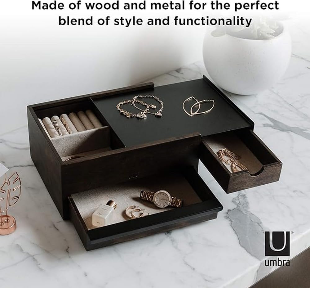 Umbra Stowit Jewelry Box - Modern Keepsake Storage Organizer with Hidden Compartment Drawers for Ring, Bracelet, Watch, Necklace