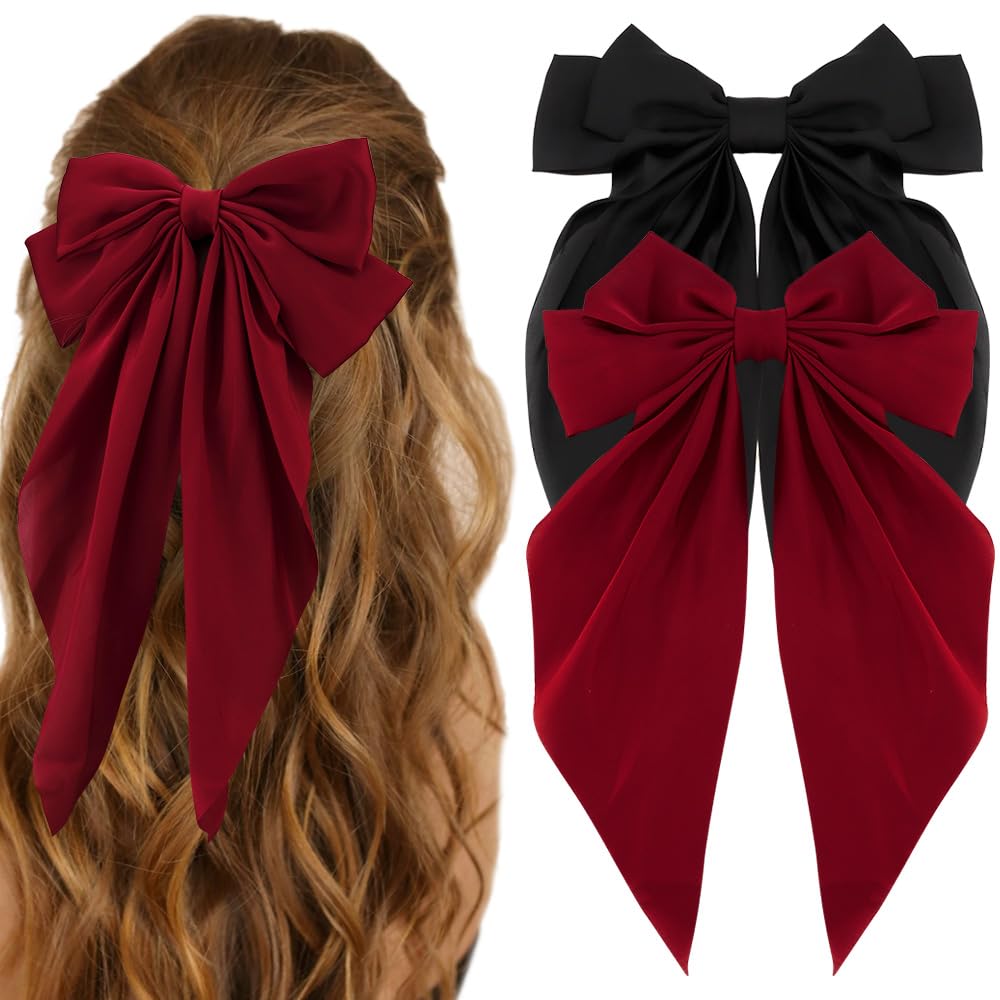 Atoden Hair Bow Clip, 2 Pcs Silky Satin Hair Bows for Women Hair Ribbons Oversized Long Tail Black Hair Bow and Red Hair Bow Hai