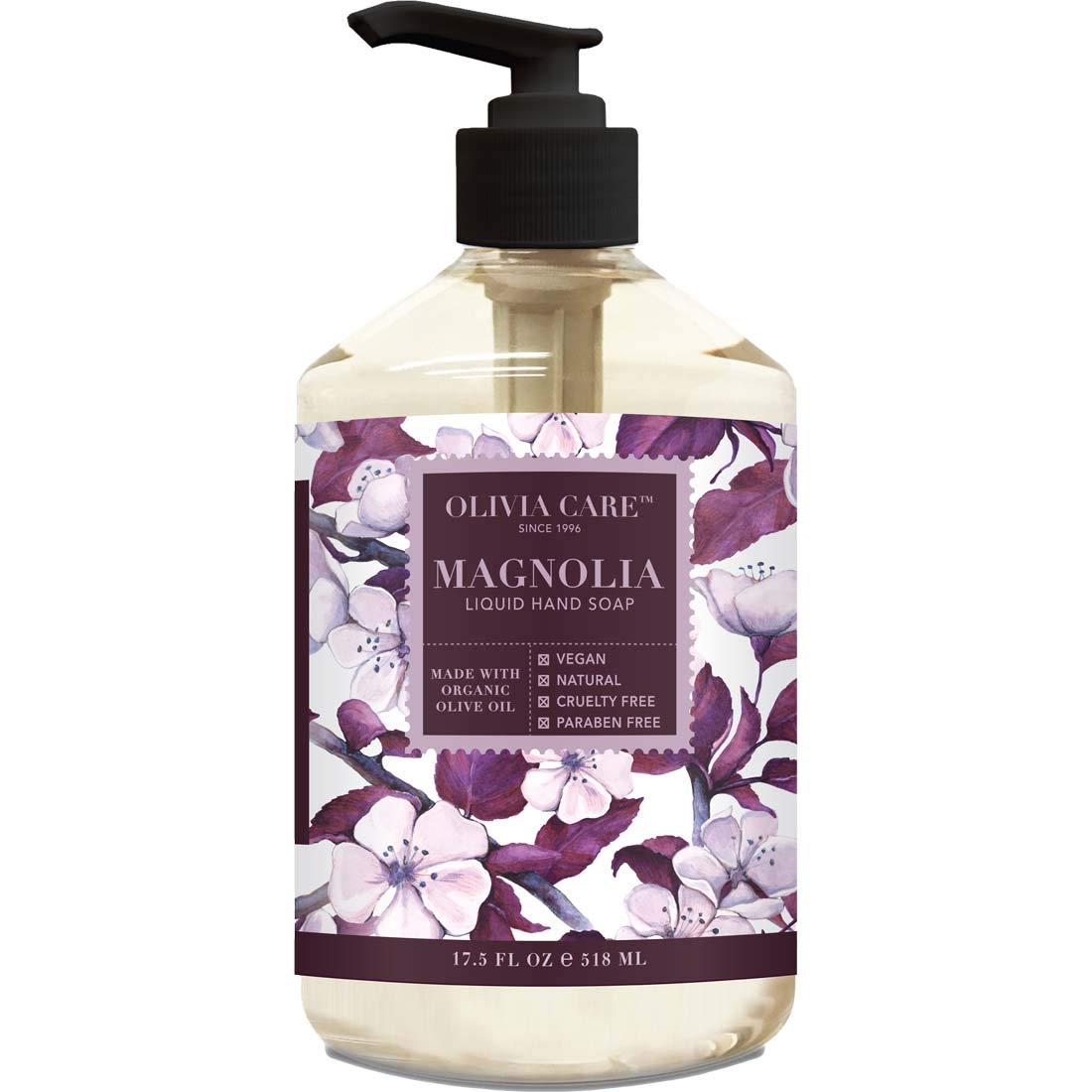Olivia Care Liquid Hand Soap Magnolia & Essential Oils. All Natural - Cleanse, Germ-Fighting, Moisturize Hand Wash For Kitchen &