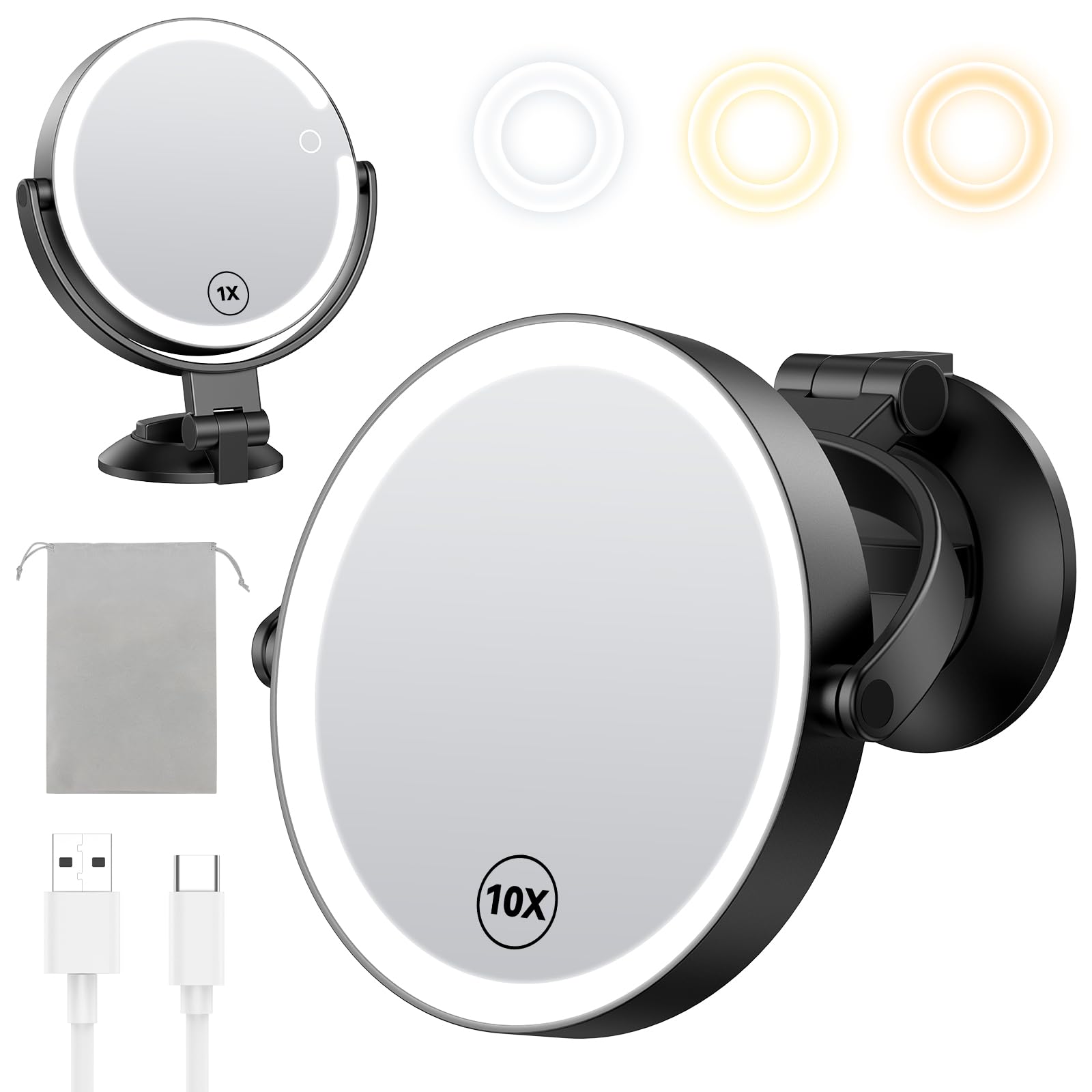 Gospire 7    Wall Mounted Makeup Mirror with Powerful Suction Cup, Double Sided 1X/10X Magnification, 3 Color Lights and Adjusta