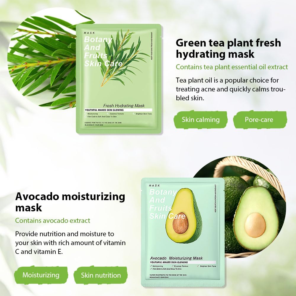 6 Pcs Real Hydrating Avocado Honey Pomegranate Aloe Vera Nature Face Masks Skincare, Hyaluronic Acid, Vitamin C And E, Korean Be