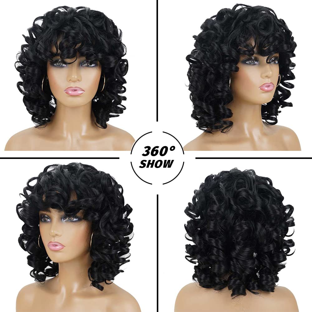 Andromeda Curly Wigs For Black Women Soft Black Short Curly Wig With Bangs Afro Loose Curls Heat Resistant Synthetic Wig For Afr