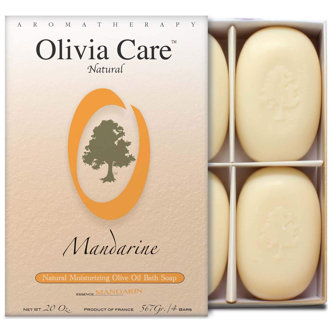 Olivia Care Bath & Body Bar Mandarin Soap 4 Pack Gift Box Organic, Vegan & Natural Contains Olive Oil Repairs, Hydrates, Moistur