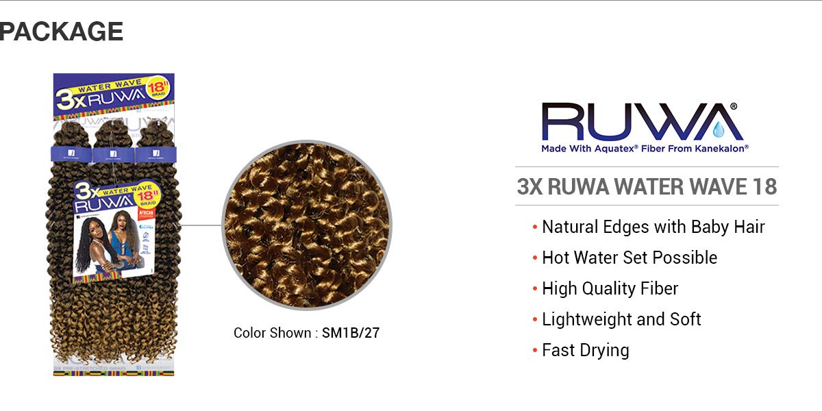 Sensationnel Ruwa Water Wave Braid Locs - Ruwa Water Wave 18 Inch Water Repellent Kanekalon Fast Dry Sports Braid - 3X Ruwa Wate