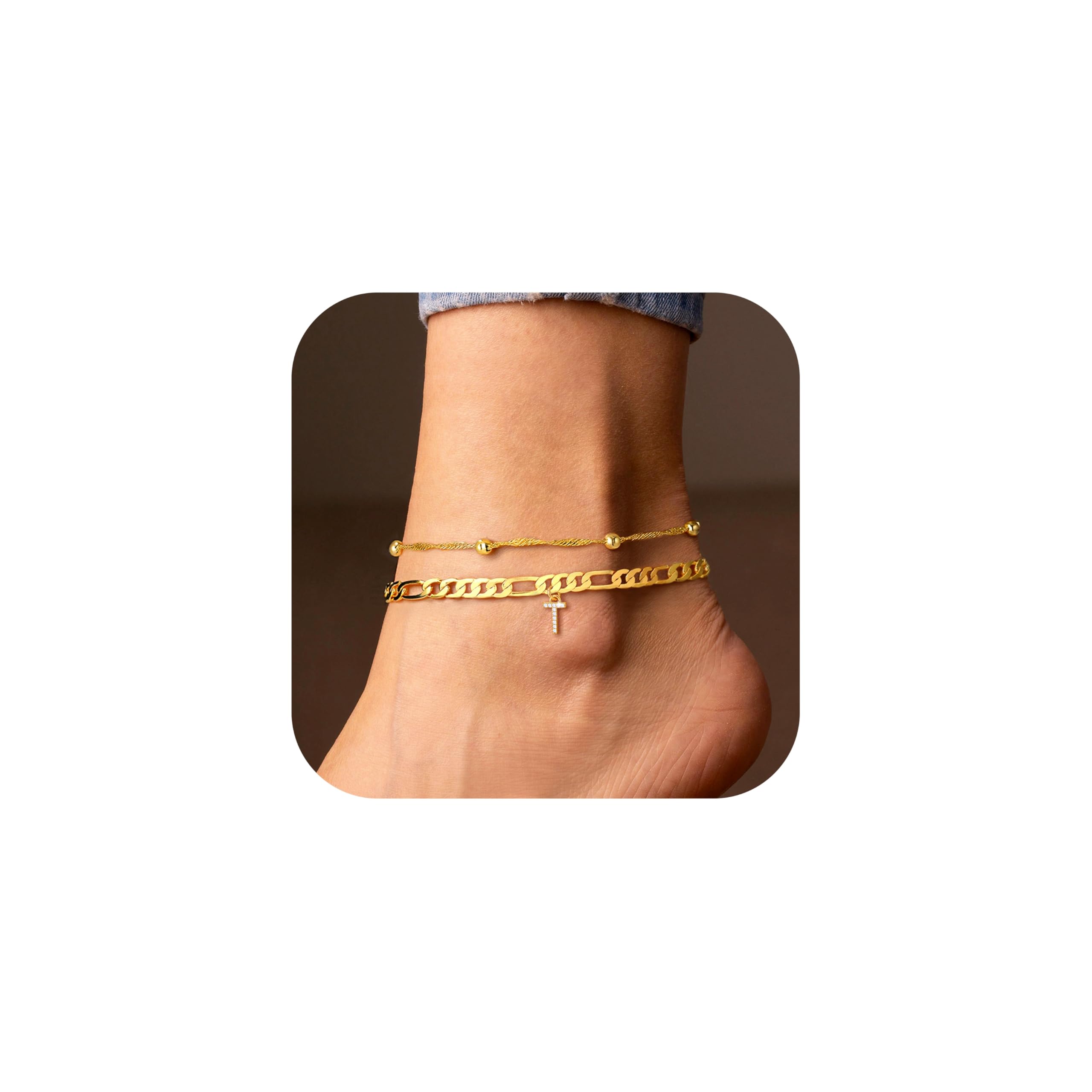 Ursteel Ankle Bracelets for Women, T Initial Anklet 14K Gold Plated Dainty Adjustable Layered Initial Anklets Set Beaded Chain w