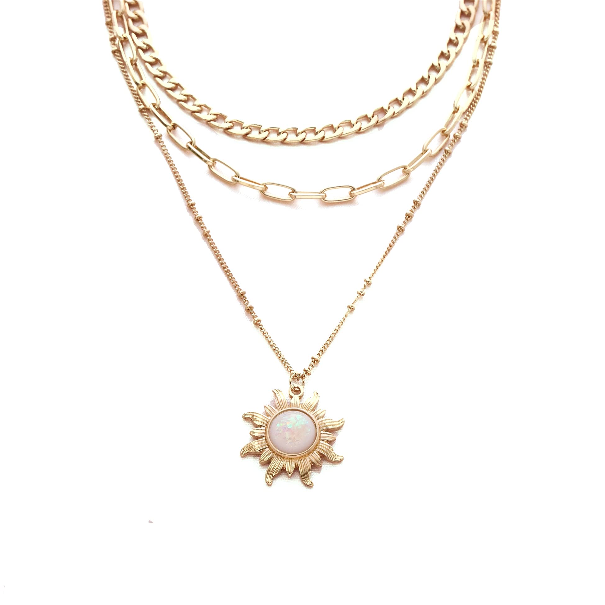 COLORFUL BLING Double Chains Moon and Sun Layered Choker Necklace Sunflower Opal Pendant Necklace Gift for Women-G three link su