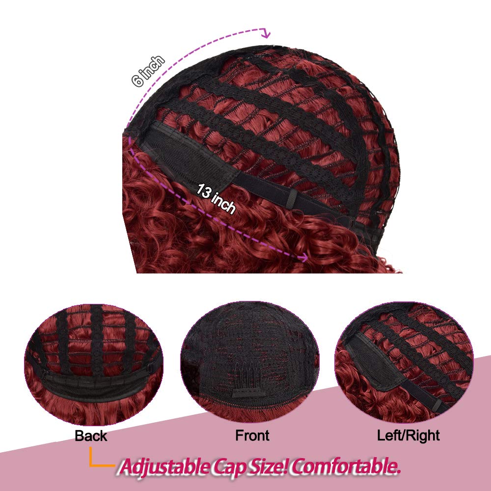 Rosmile Curly Wigs For Black Women -Burgundy Synthetic African American Full Kinky Curly Afro Hair Wig With Bangs (Free 1Pc Prof