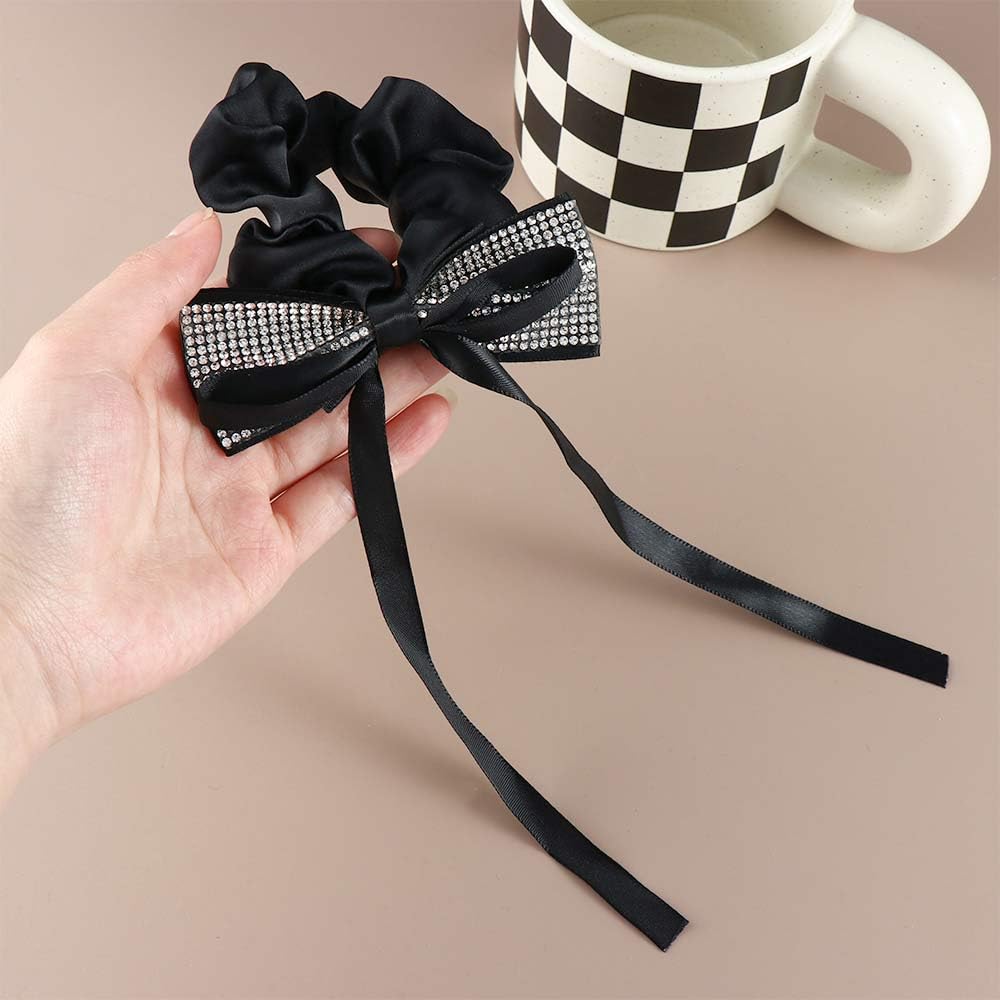 Leadigol 2 Pieces Black Bow Rhinestone Scrunchie,Rhinestone Ponytail Holder, Elastic Hair Ties Ponytail Holders,Bow Hair Ropes H
