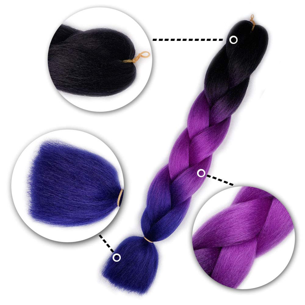 AIDUSA Ombre Braiding Hair Puprle Braiding Hair Extensions 5pcs Synthetic 24 Inch 3 Tone Jumbo Braiding Hair Black to Purple Cro