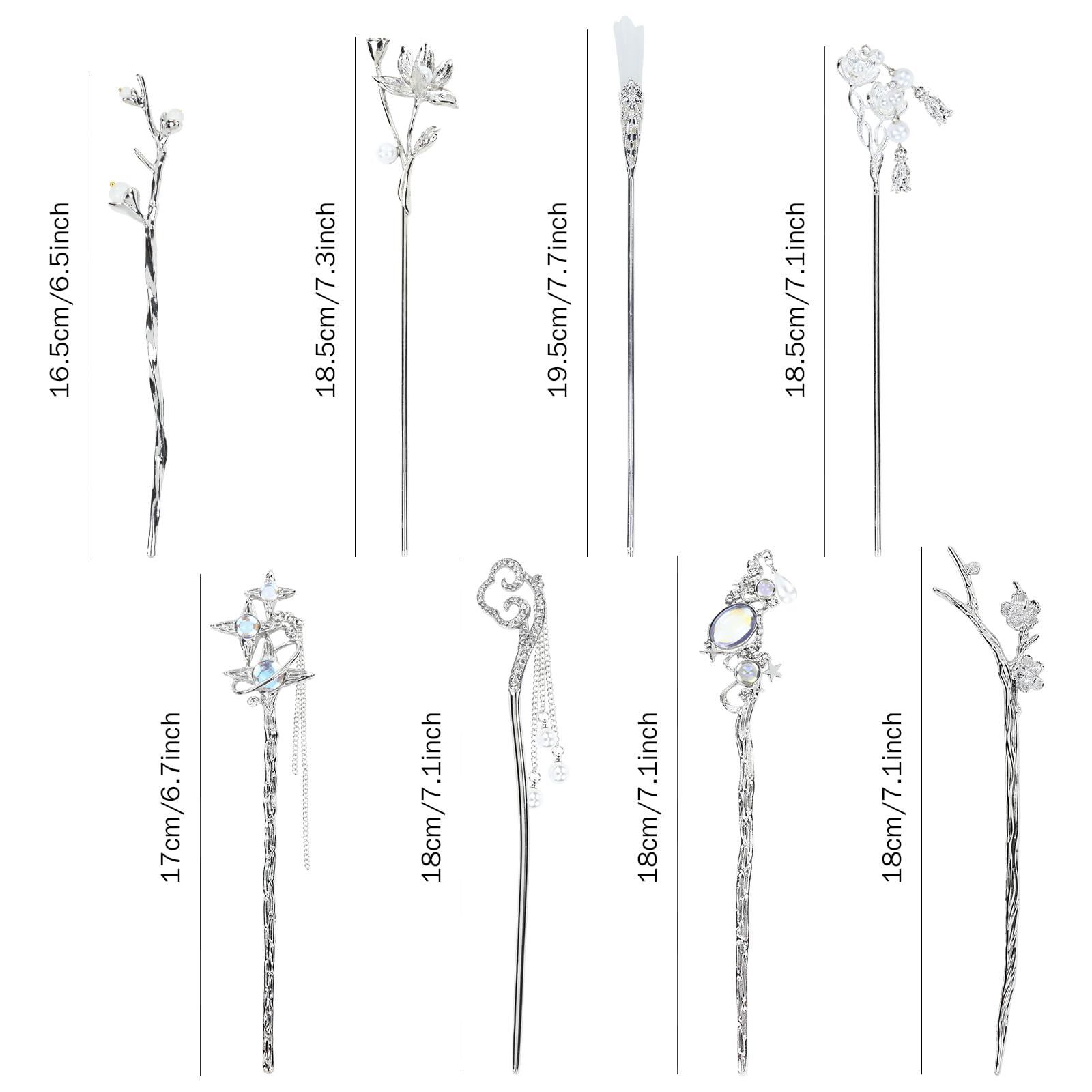 Insowni 8 Pieces Decorative Retro Crystal Pearl Silver Hair Sticks Pins With Pendants Asian Chinese Hanfu Cloud Star Lotus Flowe