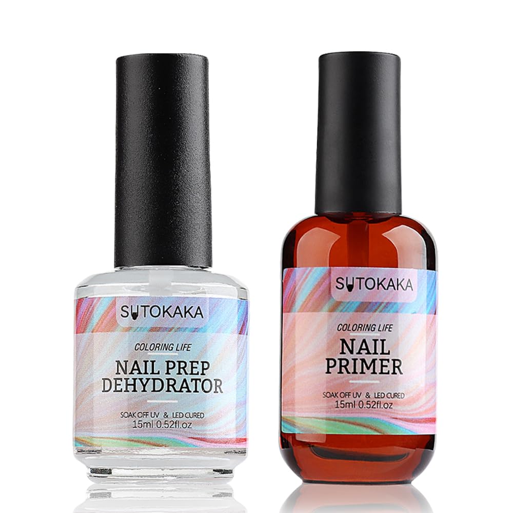 Sutokaka Nail Prep Dehydrator and Primer Set - 2pcs 15ml Acid Free No Burn Fast Air Dry Natural Nail Dehydrator and Superior Bon