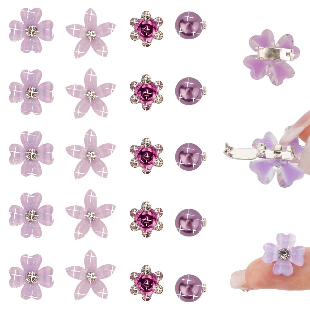 Ahoney 20Pcs Purple Flower Hair Clips with Rhinestone Mini Clips for Hair Cute Hair Pins Decorations Hair Clips for Prom Hair Ba