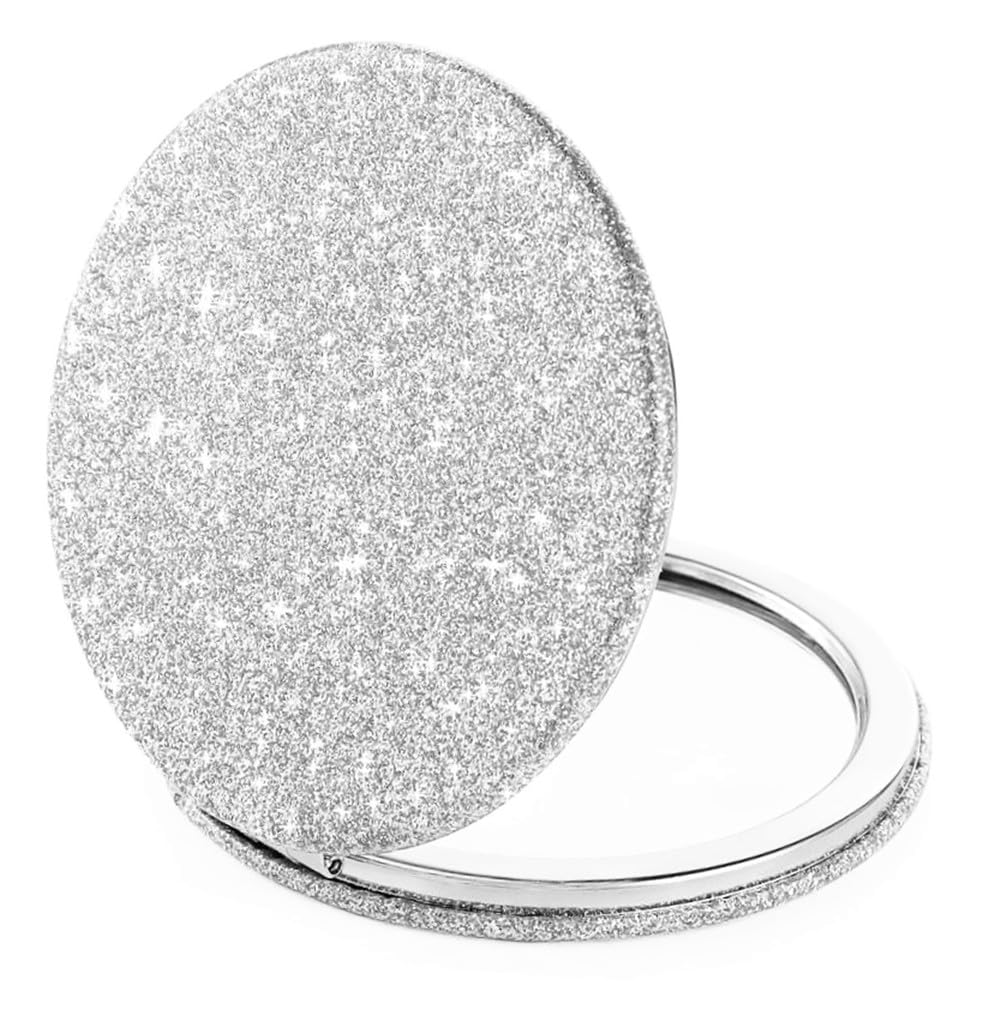 Mpowtech Silver Compact Mirror For Women,Magnifying Travel Mirror With Glitter,Double-Sided Small Pocket Mirror,Portable 2 X 1X