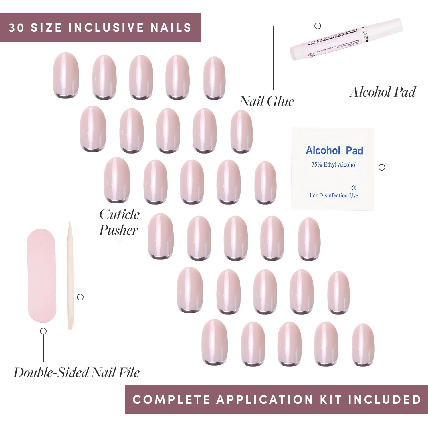 Glamnetic Press On Nails - Silver Belle, 30 Count Glossy Short Round Natural Base with 3D Silver Foil, Plastic Material