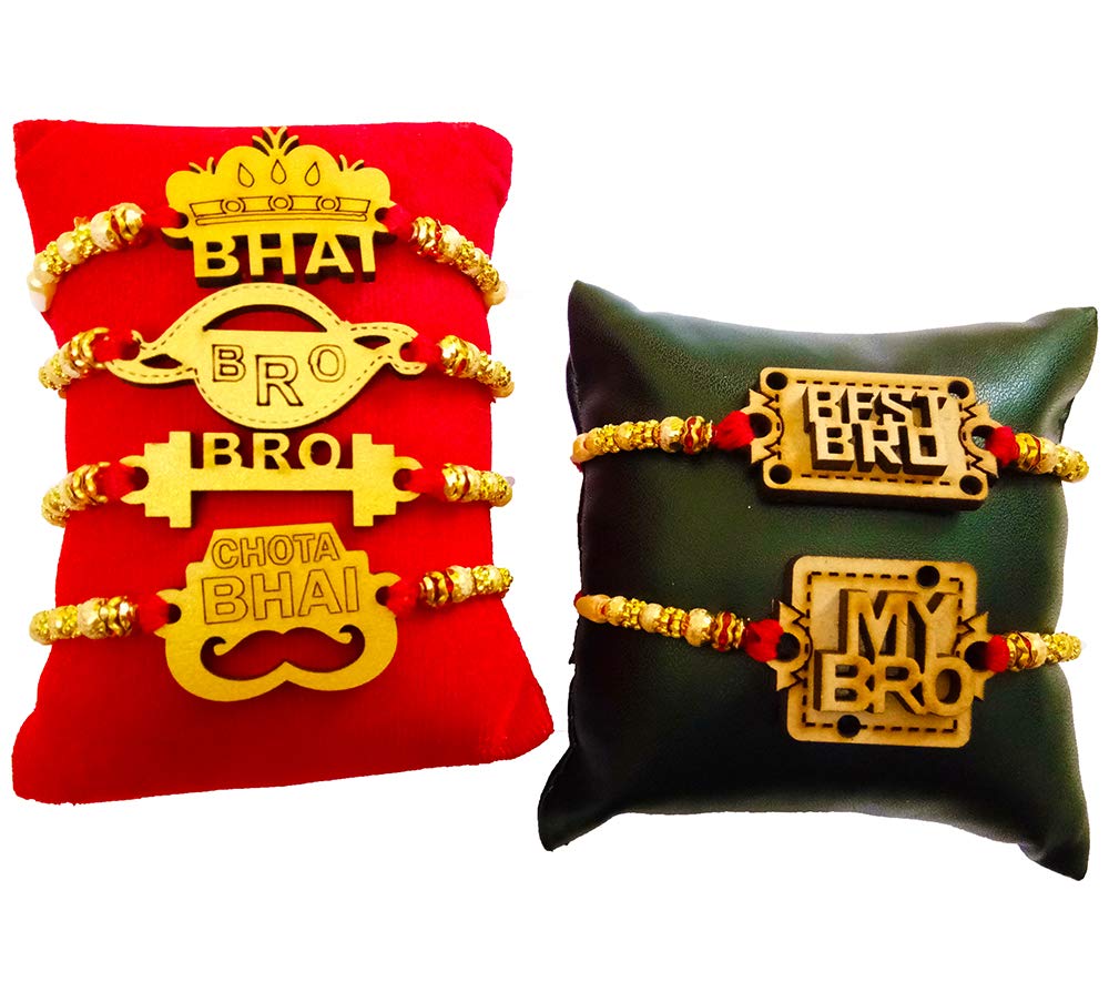 Avanti Creations Combo Of 6 Wooden Swag Rakhi For Brother With Roli Chawal