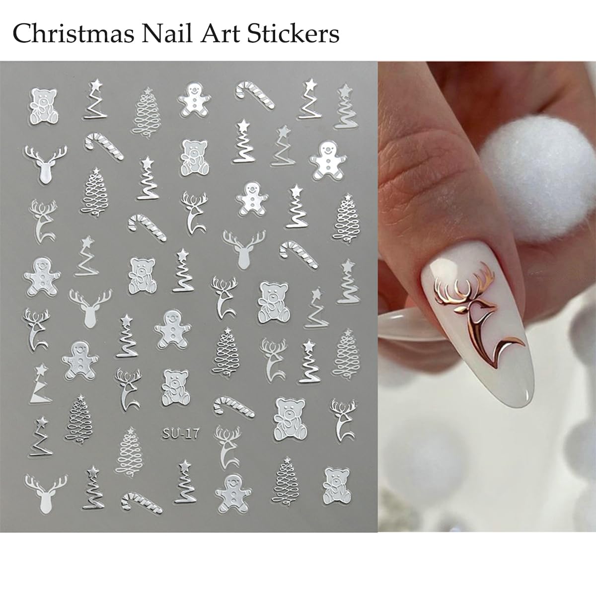 8 Sheets Christmas Nail Art Stickers 3D Metallic Nail Decals Elk Snowflake Xmas Tree Winter Xmas Nail Design Gold Silver Self Ad