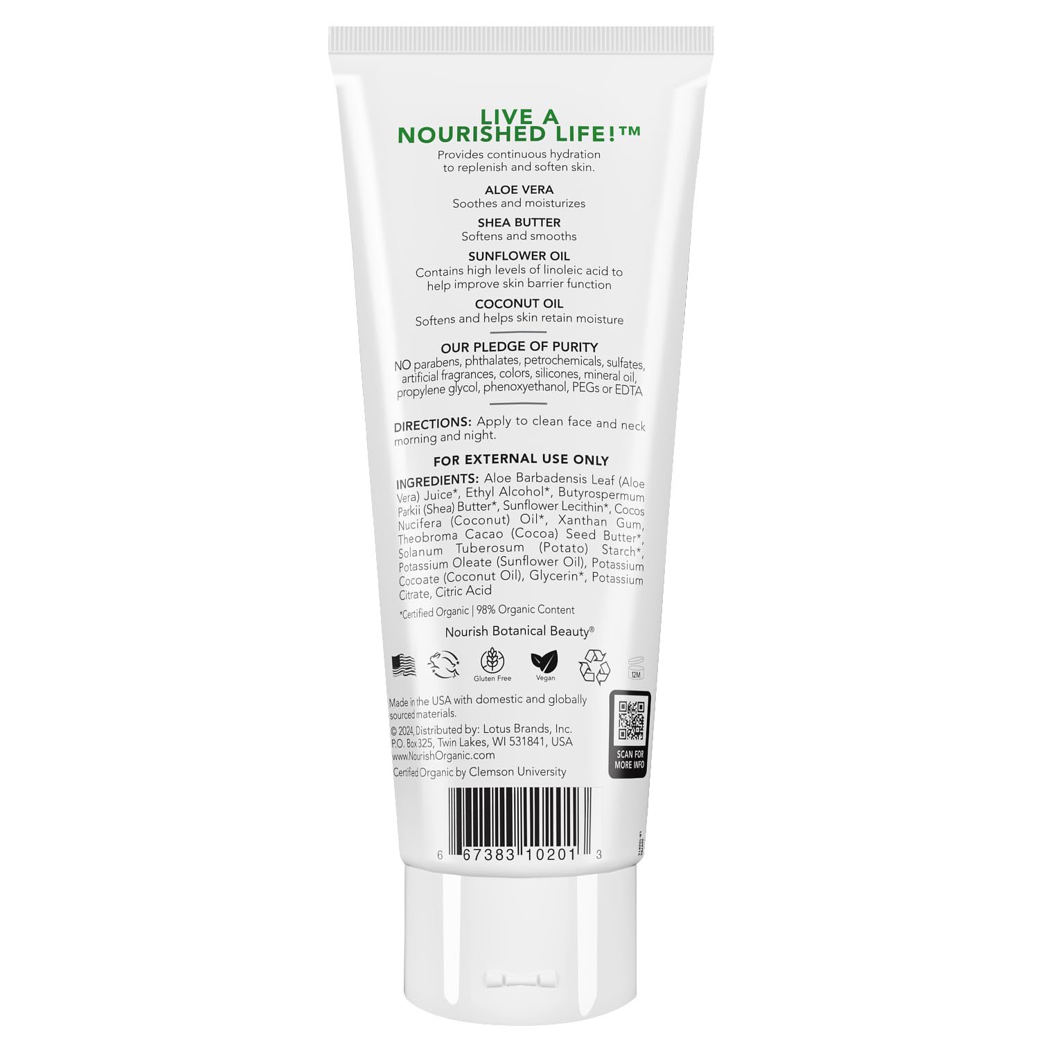 Nourish Organic Body Lotion, Unscented - Hydrating Body Lotion for Dry Skin with Certified Organic Aloe Vera, Shea Butter, Cocon