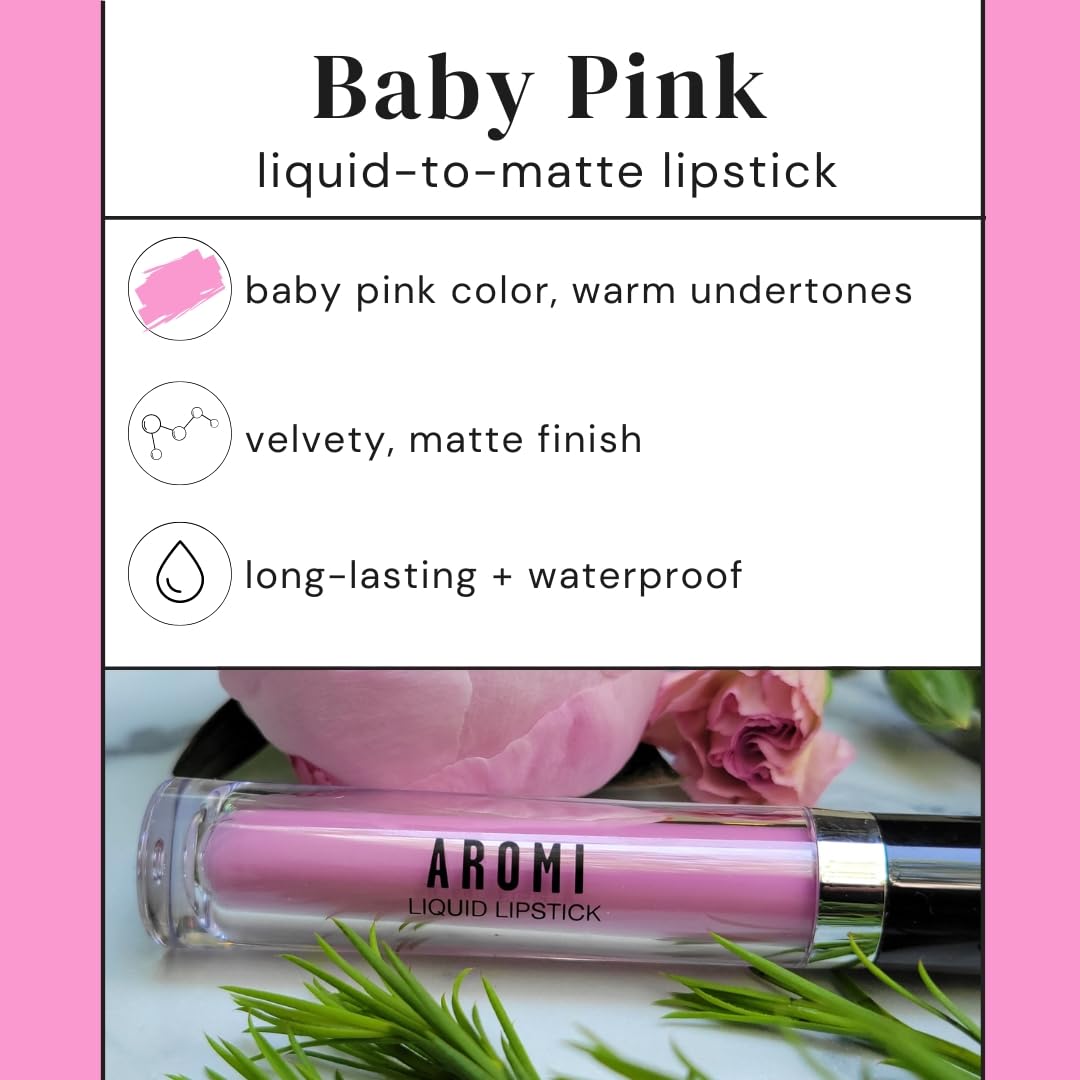 Aromi Baby Pink Matte Liquid Lipstick, Light Pink Lip Color, Smudge Proof, Waterproof, And Long-Lasting Lipstick, Vegan And Crue