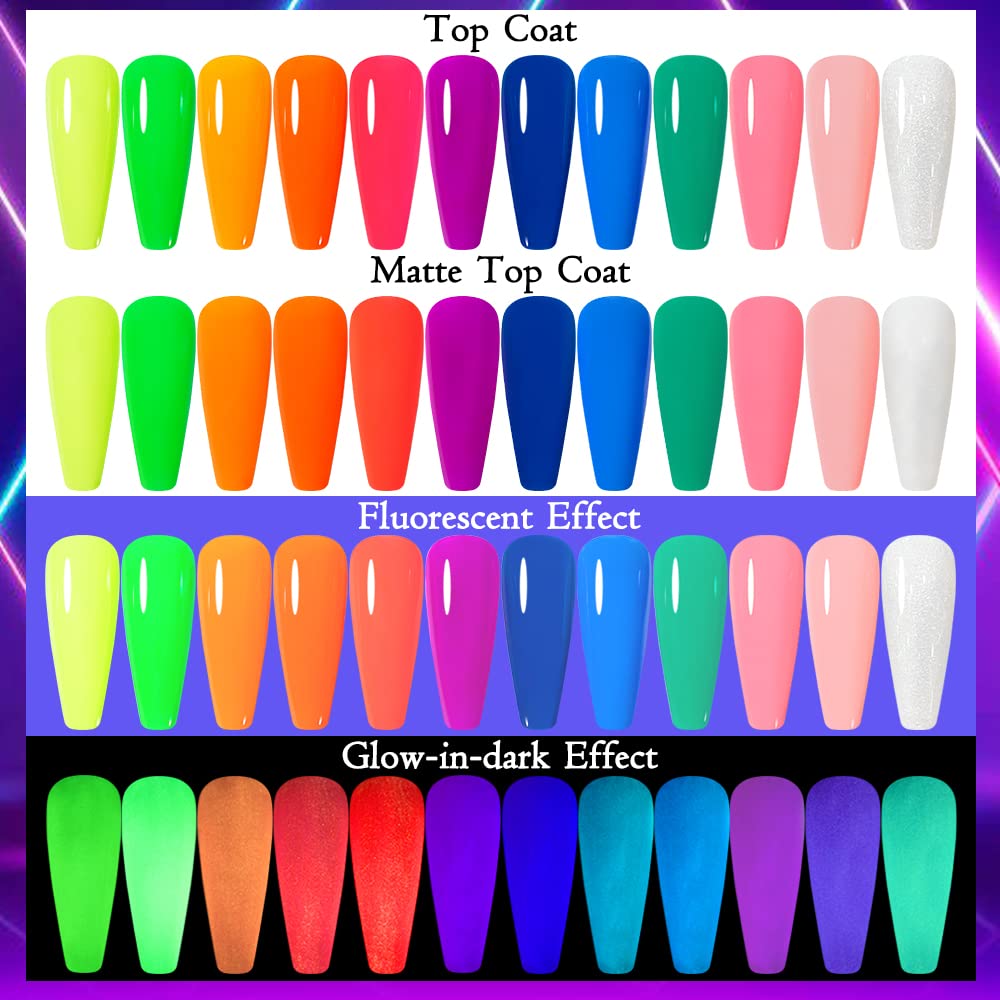 Cosmoo 12Pcs Glow In The Dark Gel Nail Polish, Luminous Neon Gel Nail Polish Set Hot Pink Yellow Purple Blue Fluorescent Bright