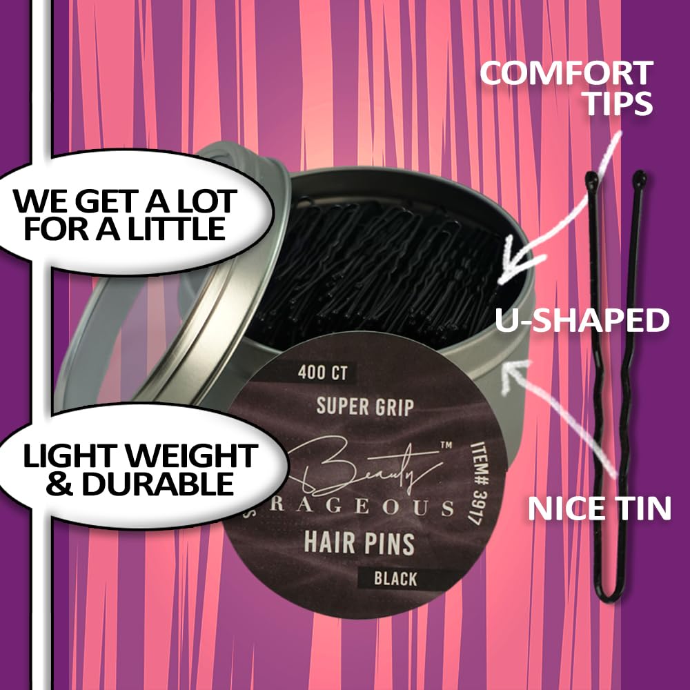 Super Grip U-Shaped Hair Pins - 400 Ct Approx - Handy Reusable Tin (Black)