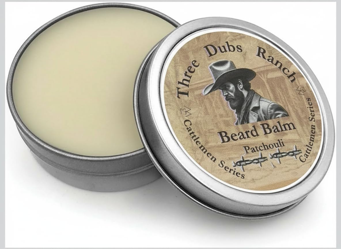 Three Dubs Ranch Beard Balm Patchouli 100% Natural withGlycerin, Aloe, Macha Tea, Almond oil, Argan oil, Vitamin E, Tallow, Bees