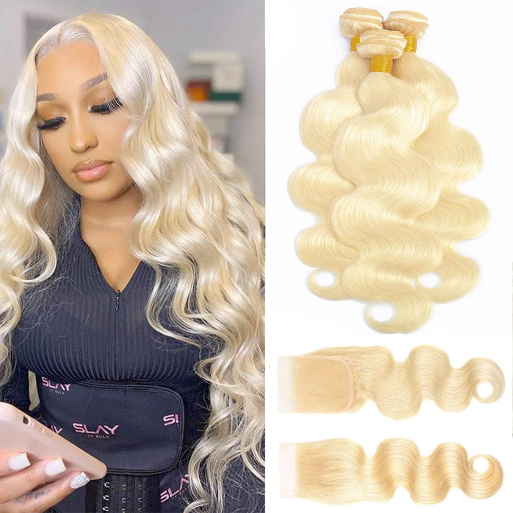 613 Blonde Bundles with Closure (12 14 16+10'') 12A Grade Brazilian Virgin Blonde Body Wave Hair 3 Bundles with Transparent Lace
