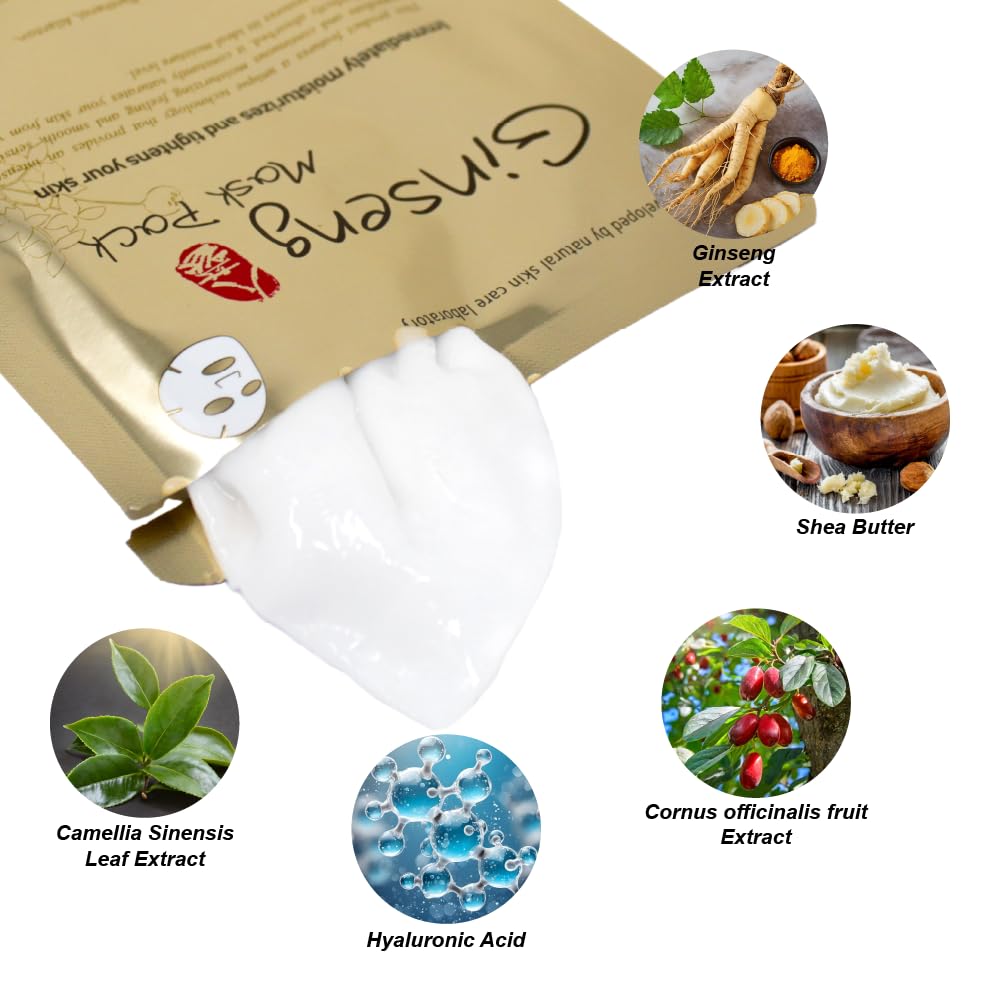 Naisture Premium Cotton Face Mask - Ginseng 5-Pack: Revitalizing And Firming Korean Skincare Sheet Masks For All Skin Types. Per